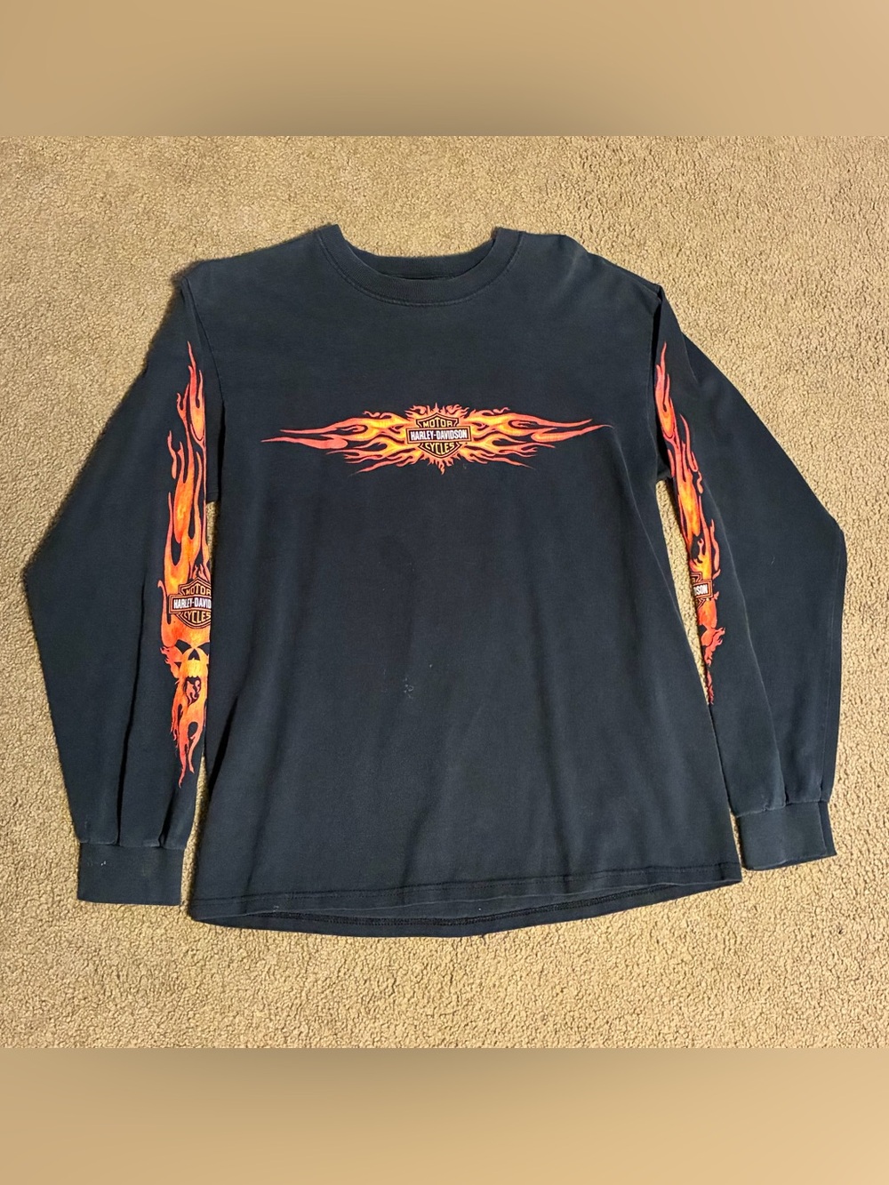 Vintage Harley Davidson T-Shirt Mens M Black Skulls Flames Long Sleeve Top USA